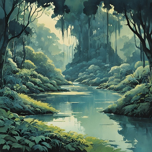 a painting of a forest scene with a river