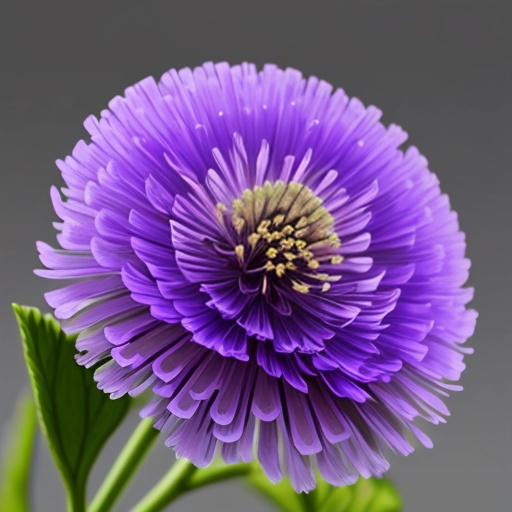 purple flower with green leaves in a vase on a table