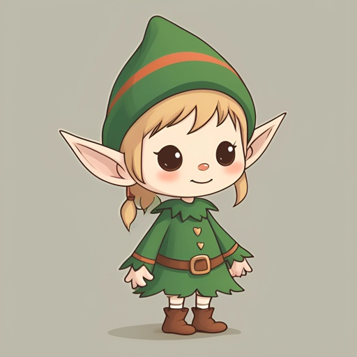 cartoon illustration of a little elf girl with a green hat and brown boots