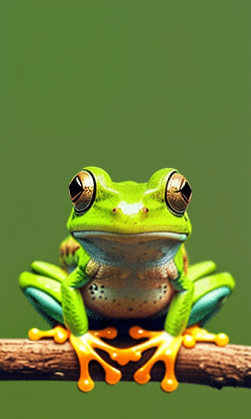 a close up of a frog sitting on a branch with a green background