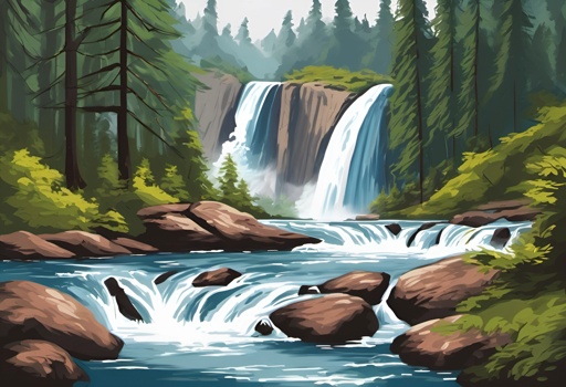 painting of a waterfall in a forest with rocks and trees