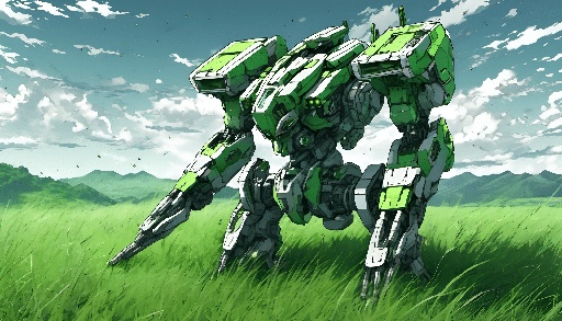 anime style green and white robot standing in a field of grass