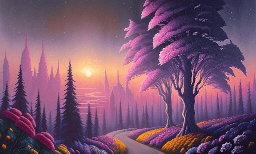 painting of a road in a forest with a sunset in the background