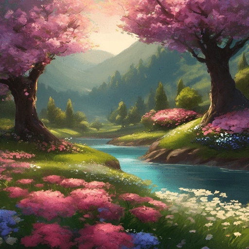 painting of a beautiful landscape with a river and trees