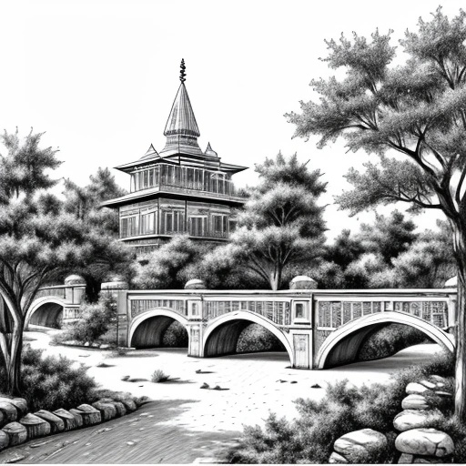 a drawing of a pagoda in a park with a bridge