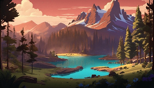a painting of a mountain lake in the middle of a forest