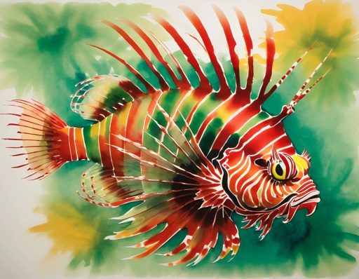 painting of a lionfish with a green background and red stripes