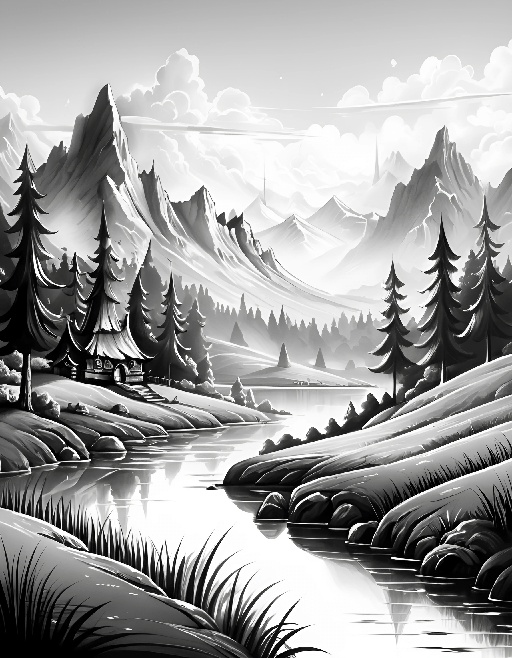 black and white illustration of a mountain river with trees