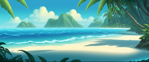 a cartoon picture of a tropical beach with palm trees