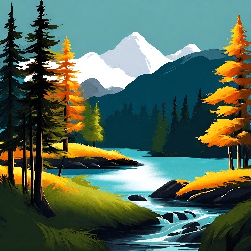 a painting of a mountain river with trees and rocks