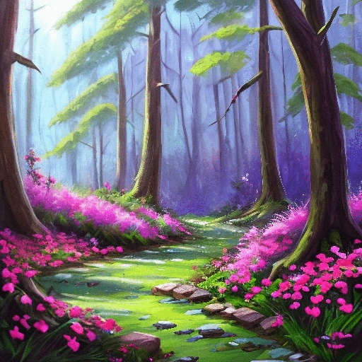 painting of a forest with pink flowers and a stream