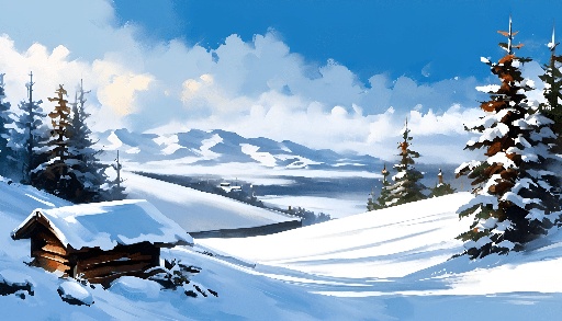 snowy scene of a cabin in the mountains with a mountain range in the background