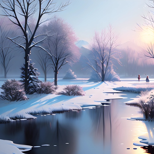 snowy scene of a river with a person walking in the distance