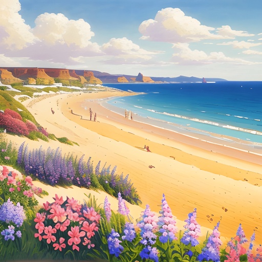 painting of a beach with a sandy shore and colorful flowers