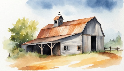 a painting of a barn with a steeple on the roof