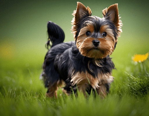 a small dog that is standing in the grass