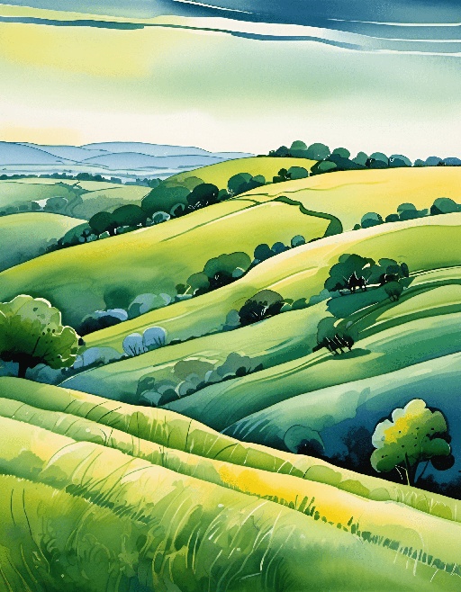 painting of a green hilly landscape with trees and hills