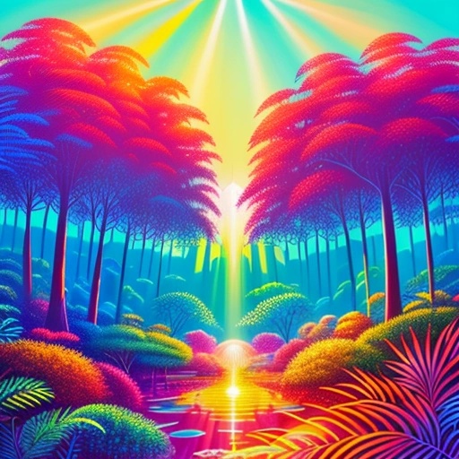 a painting of a colorful forest with trees and water