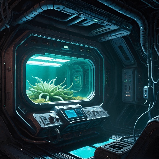 spaceship interior with a plant in the window