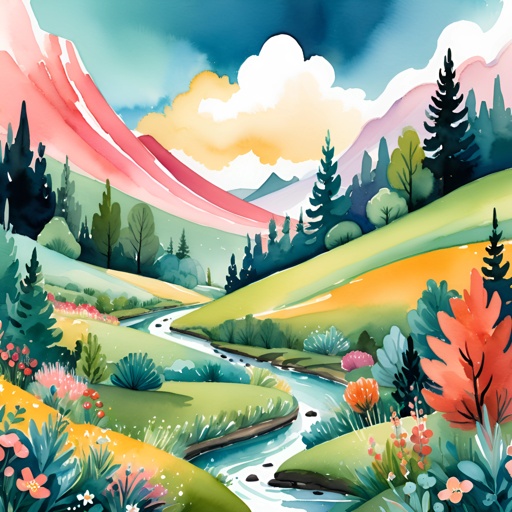a painting of a mountain landscape with a stream