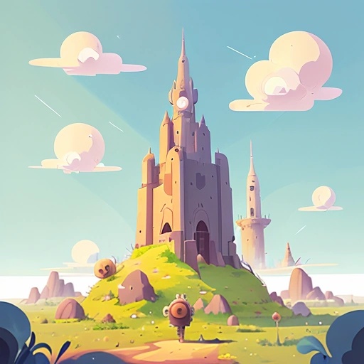 cartoon illustration of a castle on a hill with a sky background