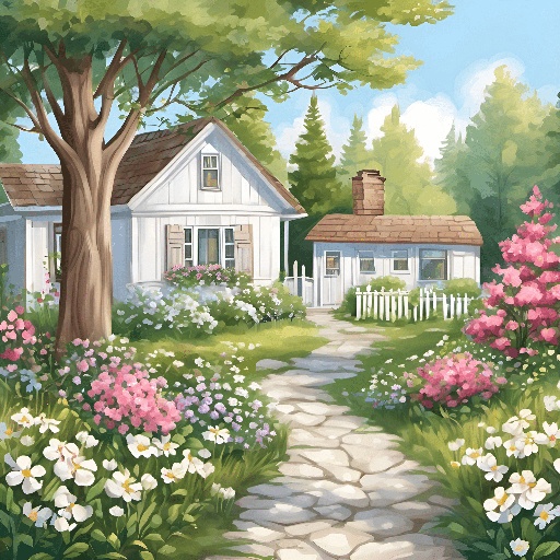 painting of a country cottage with a path leading to a garden