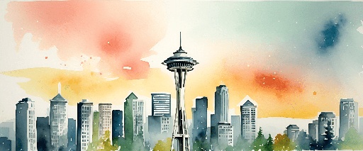 painting of a city skyline with a watercolor effect of a space needle