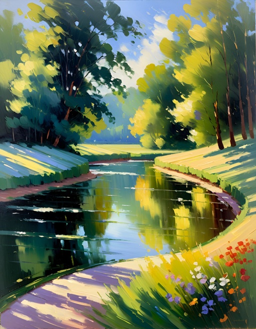 painting of a river with a path and trees in the background