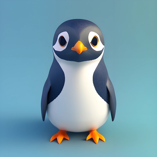 a small penguin that is standing on a blue surface