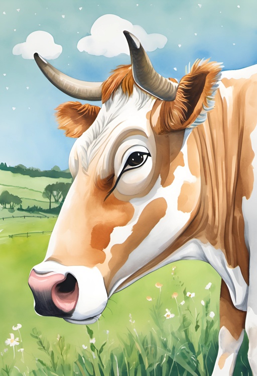 a cow with horns standing in a field of grass