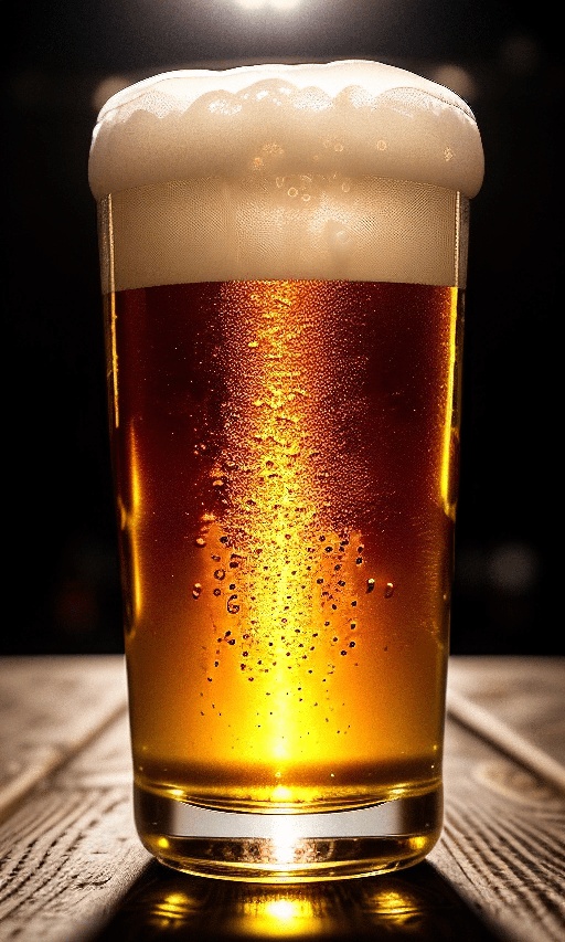 glass of beer on a wooden table with a light shining on it