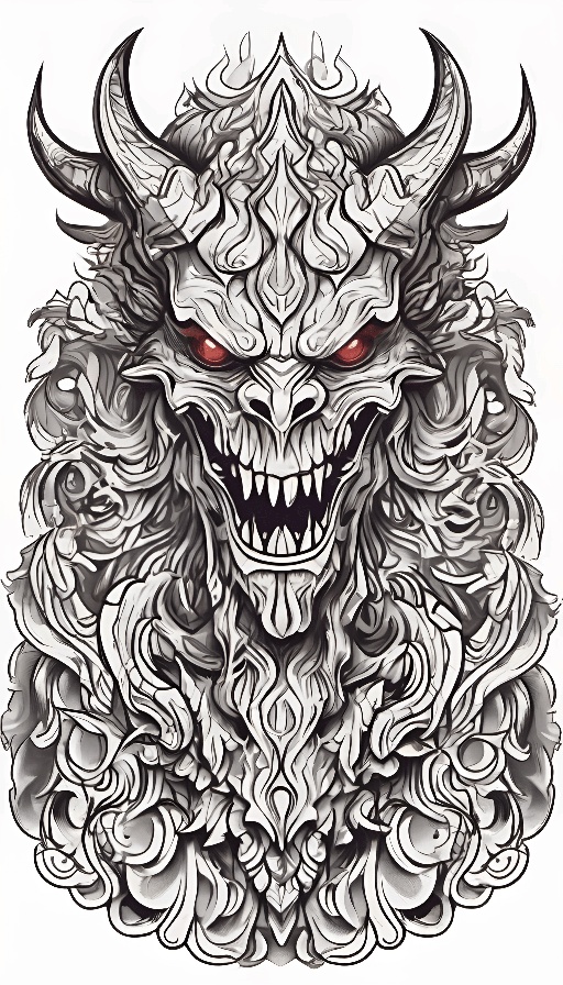 a drawing of a demon with red eyes and a large head