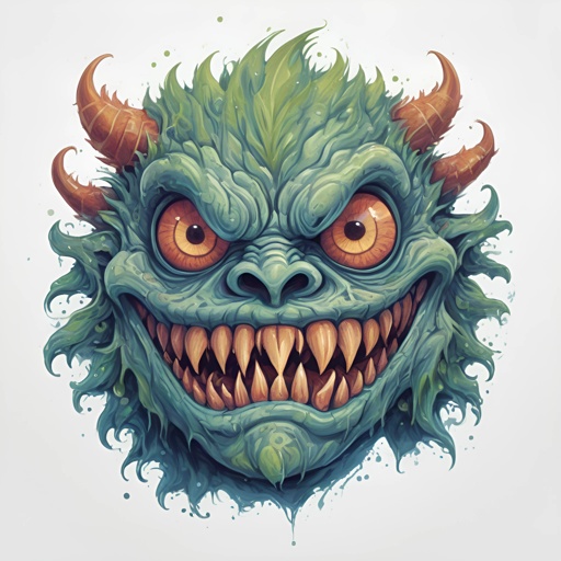 a green monster with horns and a big grin