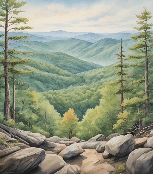 painting of a view of a mountain valley with trees and rocks