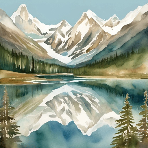 painting of a mountain lake with a reflection of the mountains