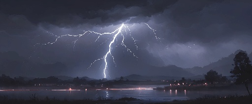 lightning strikes through the dark sky over a lake and mountains
