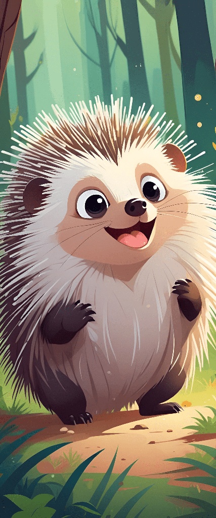 cartoon hedgehog walking in the woods with a happy face