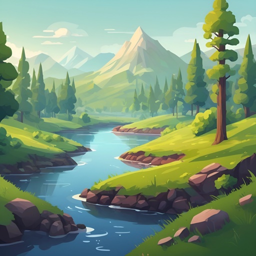 cartoon illustration of a river running through a lush green valley