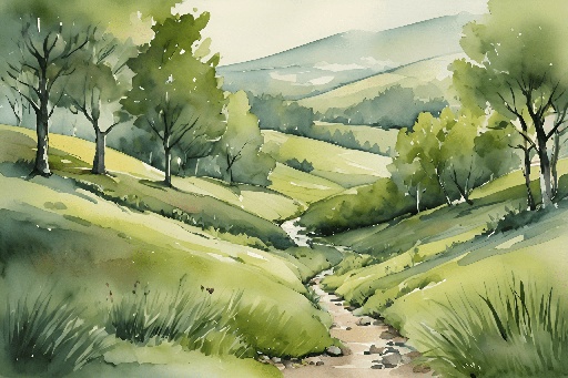 a painting of a green valley with trees and a stream