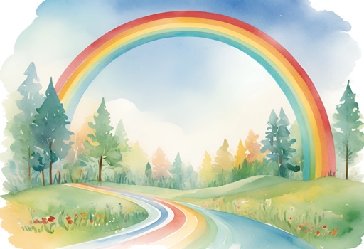 a rainbow in the sky over a road and trees