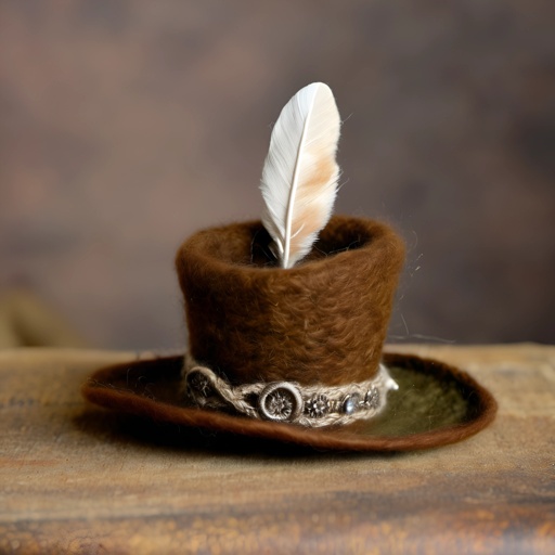 a small brown hat with a feather on top