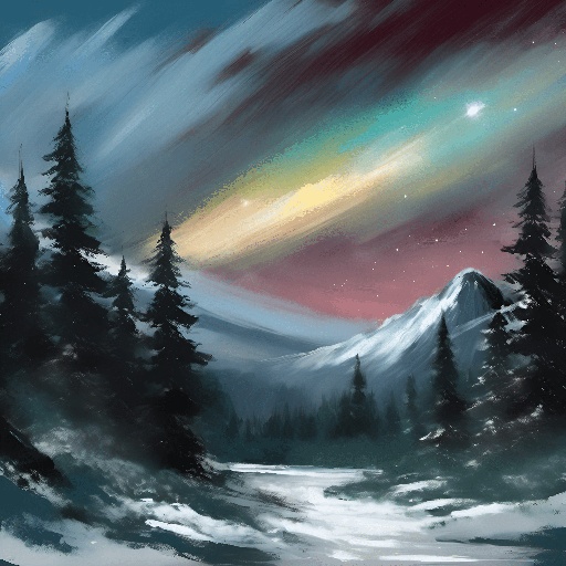 painting of a snowy mountain scene with a colorful aurora bore