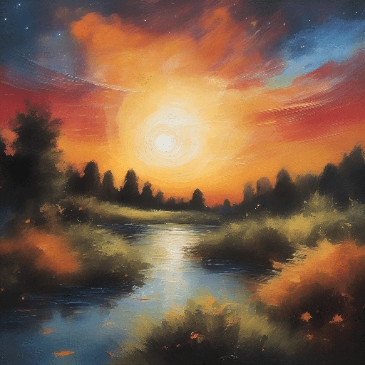 painting of a sunset over a river with a bright sun