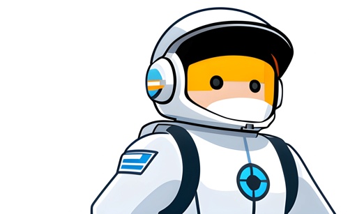 cartoon astronaut in white space suit with helmet and blue patches