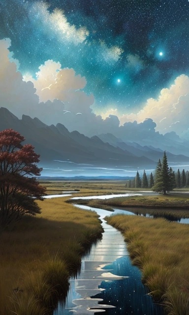 painting of a river running through a field with a sky full of stars