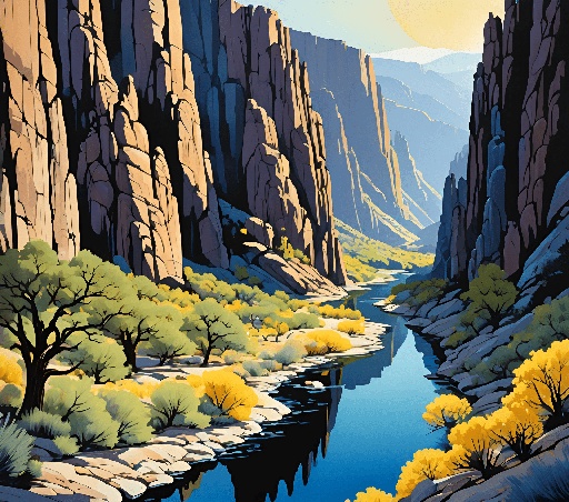 a painting of a river running through a canyon