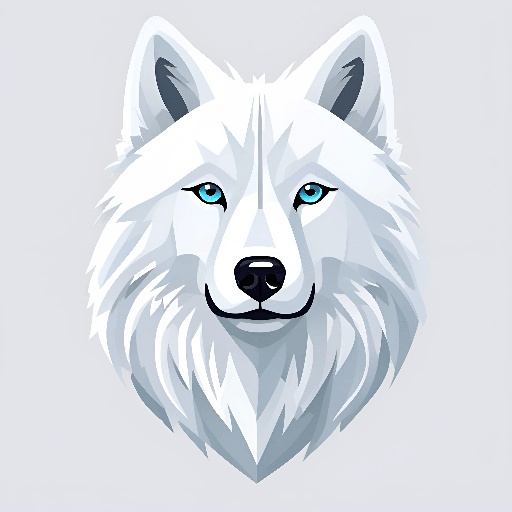 a white wolf with blue eyes on a gray background