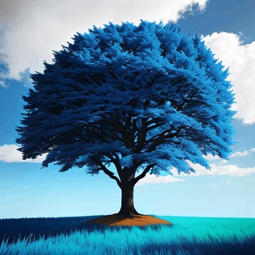 a blue tree in the middle of a field