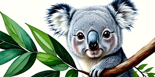 painting of a koala bear sitting on a branch with leaves