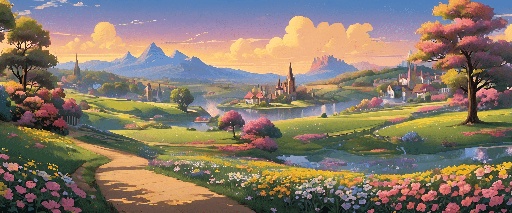 painting of a beautiful landscape with a pathway leading to a castle